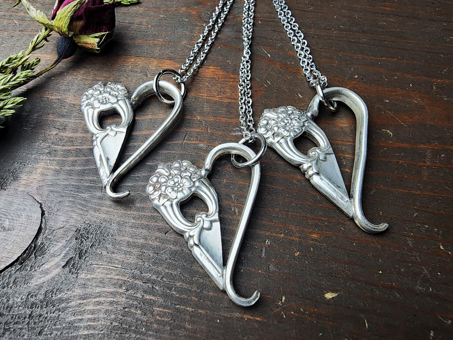 Eternally 1941 Spoon & Fork Necklace, Soldered Half Heart, Classy, Antique, Floral, Gifts For Her, Silverware Jewelry, Handmade by Spoon Me