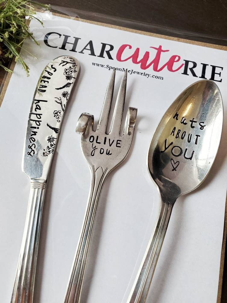 Charcuterie Set, Olive Fork, Stamped Spoon, Vintage, Dill With It, Hostess Gift, Housewarming, Wedding, Wine and Cheese Gift, Foodie Gift