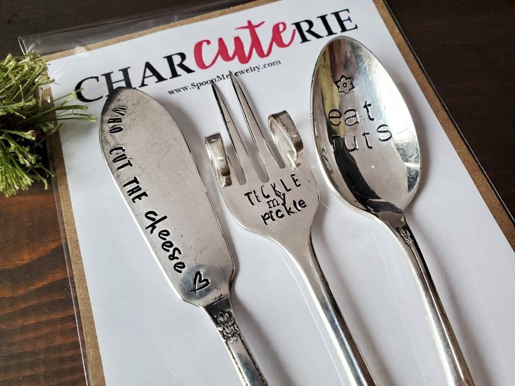 Charcuterie Set, Olive Fork, Stamped Spoon, Vintage, Dill With It, Hostess Gift, Housewarming, Wedding, Wine and Cheese Gift, Foodie Gift