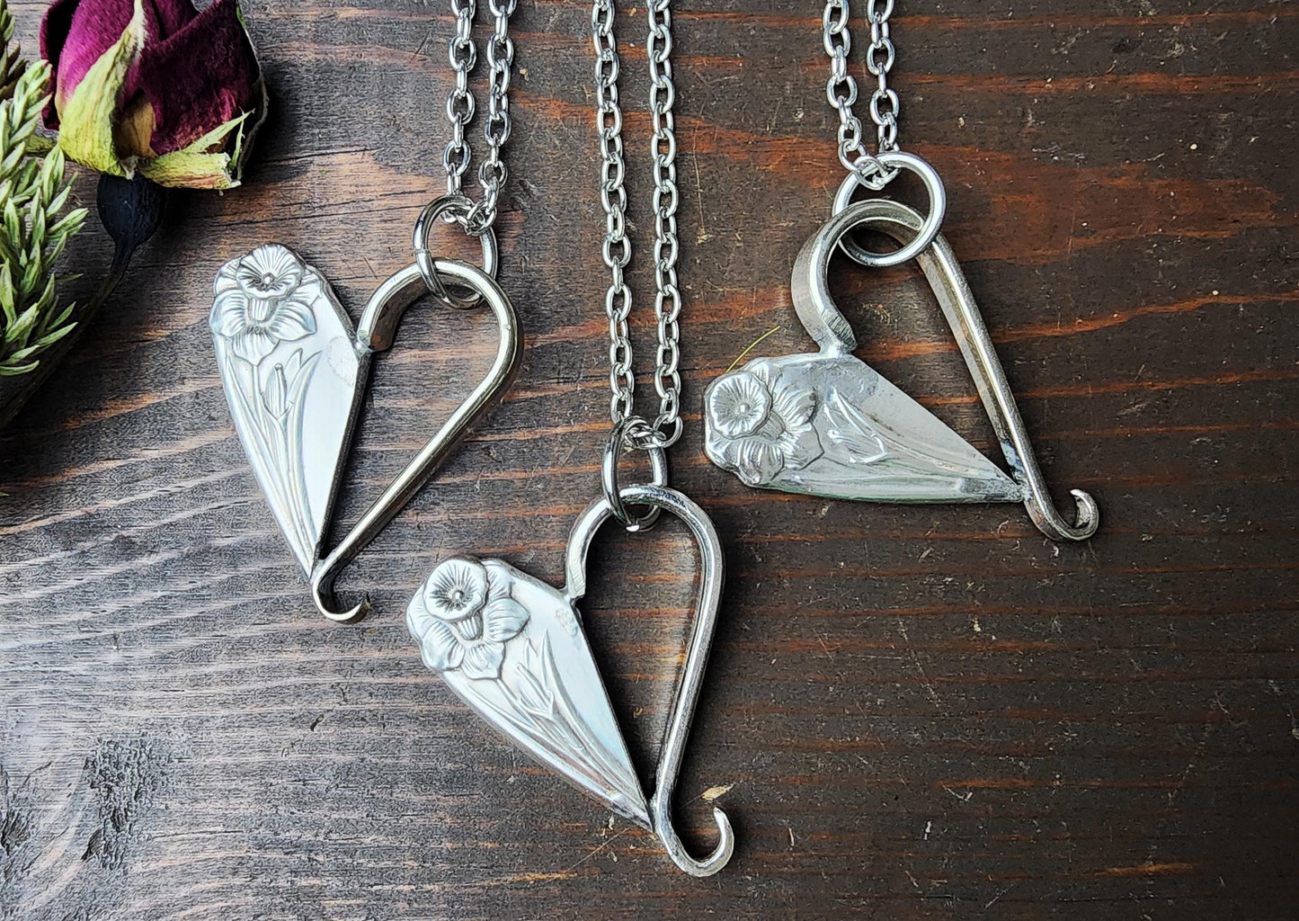Daffodil Spoon & Fork Necklace, Soldered Half Heart, Classy, Antique, Floral, Gifts For Her, Silverware Jewelry, Handmade by Spoon Me